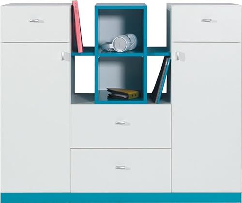 Masseno Kommode ENNA 120 cm Sideboard mit 4 Schubladen und 2 Türen für Wohnzimmer Schlafzimmer Modern 120x40x100 cm Weiß/Weiß