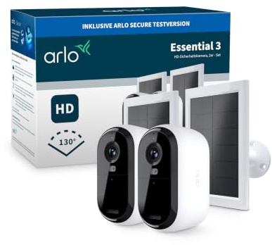 Arlo Essential 3 HD + 2 Panneau Solaire, Caméra de Surveillance WiFi Extérieure sans Fil, Autonomie de 6 Mois, Vision Nocturne Couleur, Audio Bidirectionnel, Essai Secure Inclus, 2 Caméras Blanc