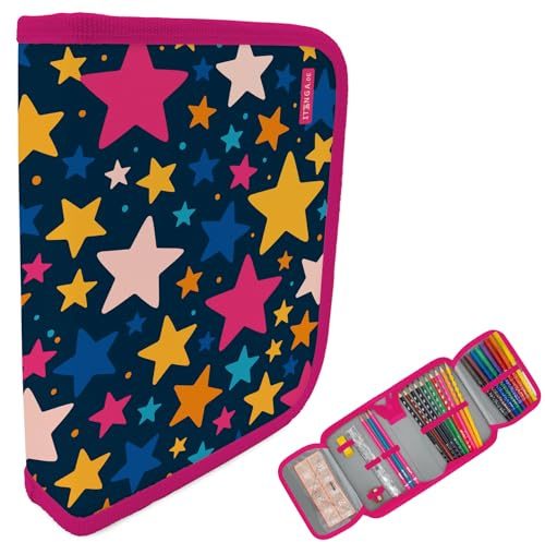 itenga Schüler-Etui 28 teilig gefüllt 1-Zipper Federmäppchen für Jungen und Mädchen (Sterne)