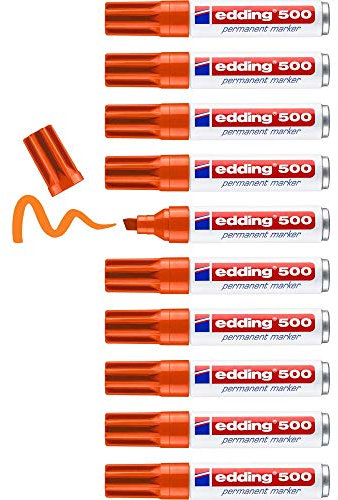edding 500 Marqueur permanent - orange - 10 stylos - pointe biseautée 2-7 mm - sèche vite, résiste à l'eau et aux frottements - pour carton, plastique, bois, métal, verre