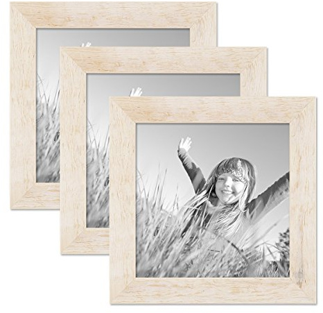 PHOTOLINI Bilderrahmen 20x20 cm Holz Weiß, 3er Set Echtholz-Rahmen rustikal, Strandhaus, Made in Germany, Echtglas, zum Aufhängen, extra Zubehör - Treibholzlook mit einem Hauch Küstenflair