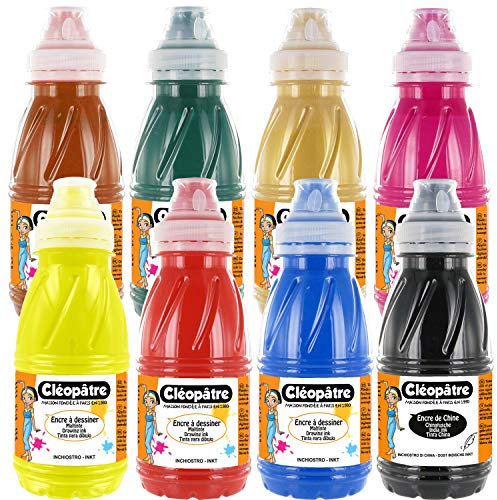 Cléopâtre Lote de 7 Dibujo Coloridas + 1 Tinta China, 8 Colores, frascos de 250 ml, Multicolor