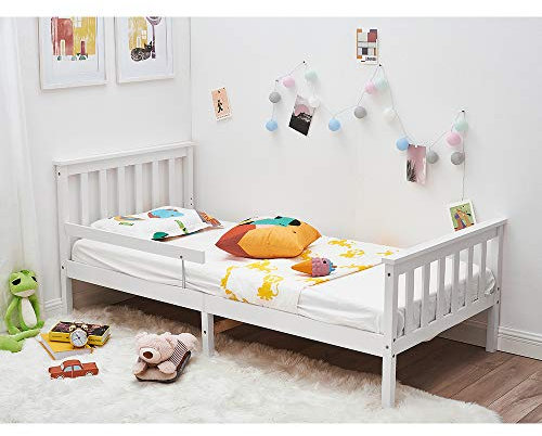 Panana Single Bed Frame with Guardrail, Simple and Elegant 3ft Soild Wooden Bed Frame for Children (White)