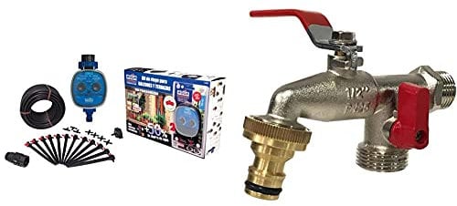 Aqua Control Riego por Goteo para Balcones-Programador C4099N + 12 Goteros Autocompensantes De 2 L/H + Microtubo De 4 Mm, Kit C4061 + G6354 Grifo de Jardín Premium de Doble Salida 1/2'' 3/4''