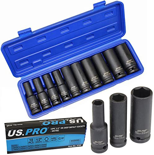 US PRO 10pc Deep Wall Impact Socket Set Metric 1/2 Drive 3725