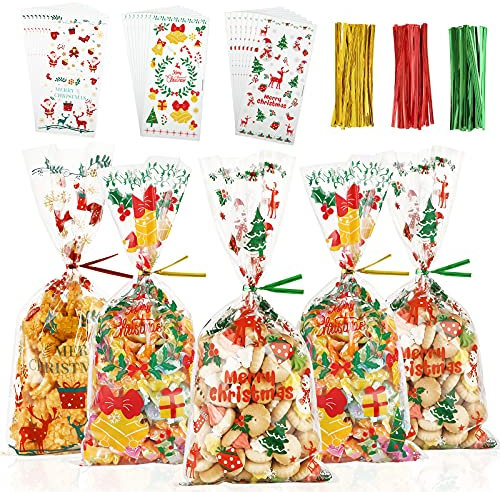 RFWIN Cellophantüten Weihnachten 102 Stück, Plätzchentüten Kekstüten Weihnachtstüten zum Befüllen, Gebäcktüten Zellophantüten Mit Twist zum Füllen von Nüssen, Schokolade, Pralinen Süßigkeiten