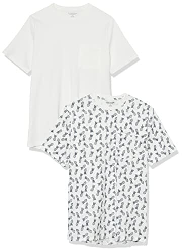Amazon Essentials Men's Short-Sleeve Crewneck Pocket T-Shirts, Pack of 2, Pineapple Print/White, S