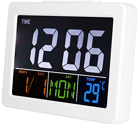 Digitaler Kalenderwecker, LED Digitaluhr Temperaturanzeige Tragbarer Spiegelalarm Tischuhr LCD Display Schnelleinstellung Anschwellendem Gelesen Werden Kinder Senioren Sehschwache Weiß