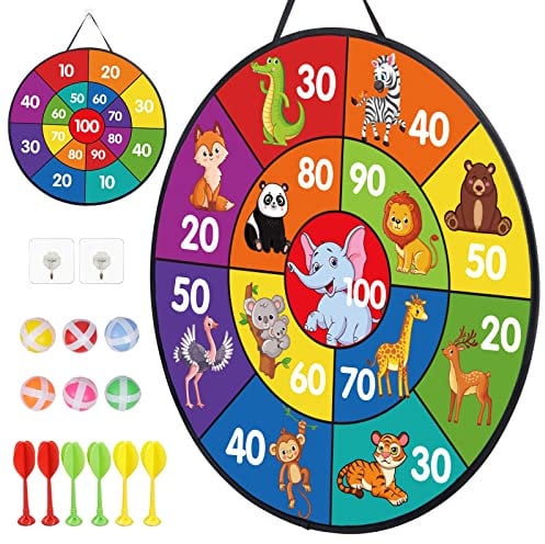 LAMEK Double Sided Dart Board 26'' Foldable Dartboard Game Set with 6 Sticky Balls 6 Dart Throwing for Kids Boys Girls Spring Indoor Outdoor Party Games Birthday Gifts