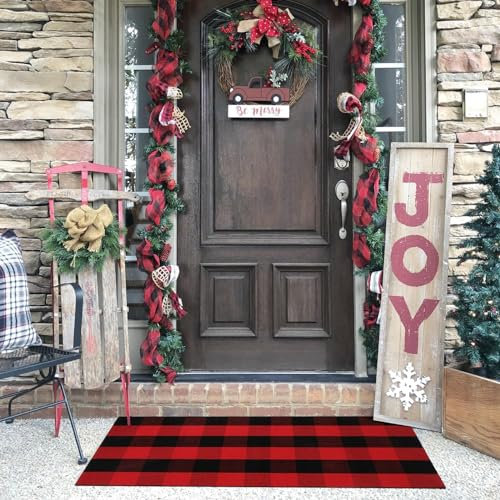 LEEVAN Checkered Door Mat 24x 51 Christmas Buffalo Plaid Rug Red and Black Christmas Doormats Washable Outdoor Porch Mat Laundry Room Rug Kitchen Runner Bathroom Mat Entryway Throw Rug for Layered