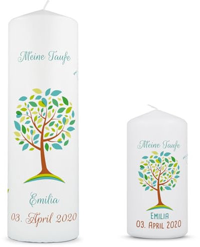 GRAVURZEILE Taufkerze Lebensbaum - Kerze mit Namen, Datum & Taufspruch - Hochwertige Stumpenkerze 250/80 mm brilliant bedruckt - Personalisiertes Taufgeschenk für Mädchen & Jungen - Grün Set