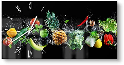 DEQORI Glasuhr | vertikal 60x30 cm | Motiv Sauberes Obst und Gemüse | große XXL Design Uhr aus Glas | leise Wanduhr für Wohnzimmer & Küche | moderne Hingucker Uhr für die Wand