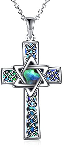 YFN Davidstern Halskette Sterling Silber Keltisches Kreuz Anhänger Abalone Muschel Kreuz Schmuck Geschenke für Damen Herren
