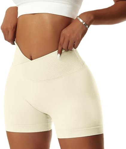 Vertvie Damen Gym Shorts V Cross Stretch Push Up Yoga Shorts Booty Scrunch Fitness Hosen Kurz High Waist Nahtlos Workout Sportshorts Butt Lift Kurze Leggings Sommer (Beige, M)