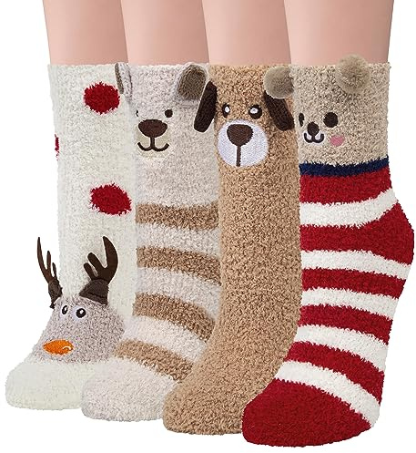 Kuschelsocken Damen Flauschige Kuschel Winter Socken Haussocken 4 Paar | Dicke Flauschsocken Warme Bettsocken Damensocken Weihnachten Geschenk Weihnachtssocken Wintersocken für Mädchen 37-42