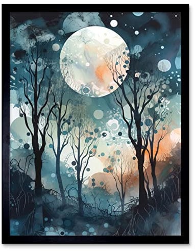 Artery8 Full Moon Winter Forest Landscape Snowfall over Trees at Night Art Print Framed Poster Wall Decor 12x16 inch