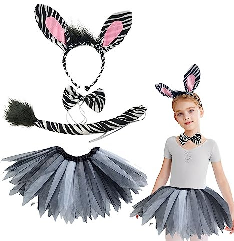 VIKSAUN Zebra Kostüm Set Tierohren Schwanz Zoo Dschungel Kostüm für Erwachsene und Kinder zum Anziehen Karneval Accessoires JGA Halloween Bühnenauftritt Cosplay Geburtstag(Schwarz)