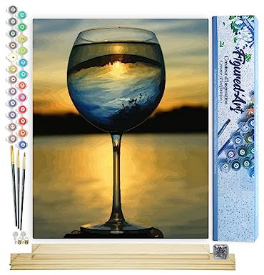 Figured'Art Malen Nach Zahlen Erwachsene Mit Rahmen Glas Wein und mit Aussicht auf den Horizont - Paint by Numbers Basteln DIY Bastelset 40x50cm Mit Keilrahmen (nicht gespannt)