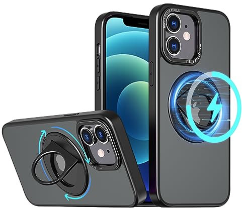 S. Dawezo Magnetisch Ständer für iPhone 12/12 Pro Hülle 6,1 Zoll, Kompatibel mit MagSafe, Militärische Schut Handyhülle, Magnetkraft 360° Drehbare Halterung Hülle für iPhone 12/12 Pro, Schwarz