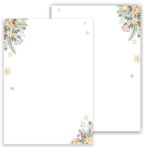 Weihnachtsbriefpapier Briefpapier/Briefumschlag Set mit grünen Zweigen und Sternen bedruckt 2 seitig A4 120 g/m² c6 80 g/m² von 10 bis 100 Blatt mit Umschlägen Kuvert (25 Briefpapier OHNE Umschläge)