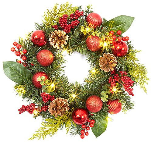 45 cm großer Weihnachtskranz mit Lichtern, 15 LEDs, künstlicher Kranz für die Haustür, Tannennadelkranz mit Weihnachtskugeln, Tannenzapfen, Beeren – Rot