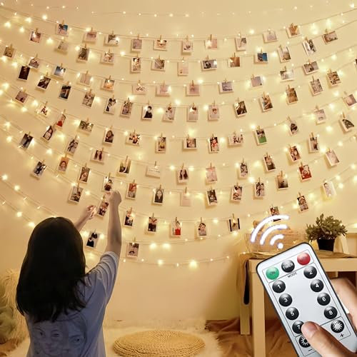 Microwear Guirlande Lumineuse Photo,12M 120LED Guirlande Lumineuse Interieur Photo Chambre LED Avec 52 Photo Clips,Batterie/USB Alimenté,Guirlande Photo pour Accroche Photo, Mariage, Noël