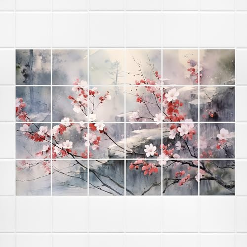 GRAZDesign Fliesenaufkleber Blüten Kirschblüte Japan Fliesenbild Bad & Küche - 20x20cm / 81x61cm