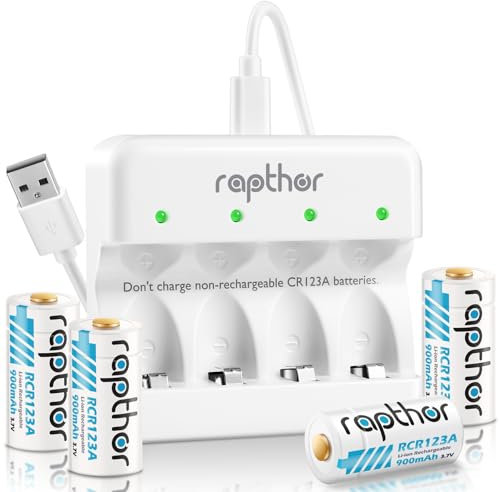 Rapthor CR123A Batteries 900mAh 3.7V Rechargeable 4 Batteries and Charger for Arlo Camera Flashlights Microphone Smoke Detector Electric Shaver Alarm Clock Calculator