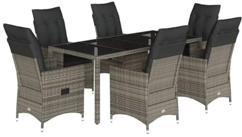 vidaXL 7-TLG. Garten-Essgruppe mit Kissen Grau Poly Rattan
