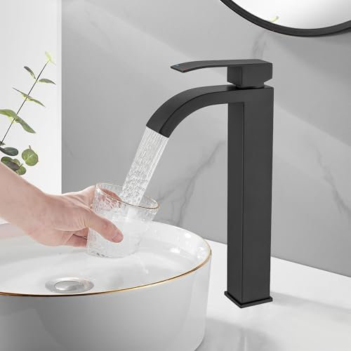 BAITUJIE Robinet Salle Bain Haut, Haut Mitigeur Lavabo Noir Vasque à Poser Salle de Bain Robinettrie Monotrou Sur Plage Noir