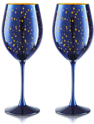 Joeyan 580ML Copas de Vino Azul de Navidad, Copas de Tallo de Colores Soplado a Mano con Patrón de Dorado Estrella Doradas, Regalo para Mujer y Parejas Fiesta Cumpleaños, 2 Piezas 19.5oz