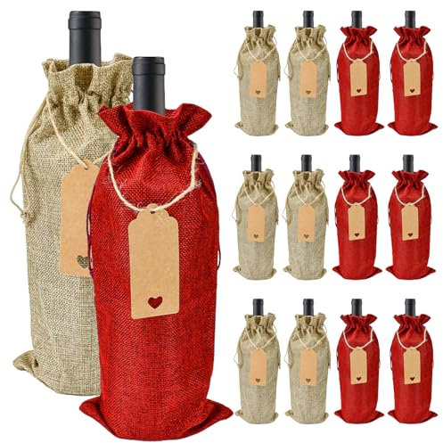 EMAGEREN 12 Stück Weinflasche Tasche Jute Sackleinen Weinbeutel Wiederverwendbare Wein Geschenkbeutel Weinflaschen Verpackung mit Anhänger und Seilen für Weihnachten Hochzeit Geburtstag (2 Farben)