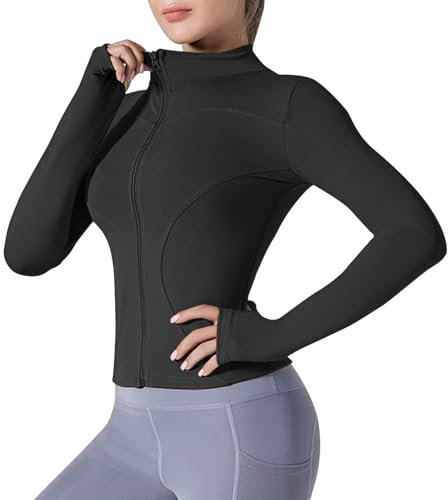 Damen Laufjacke Sportjacket Gym Top Sport Oberteil Yoga Langarm Jacket Hoher Kragen Sportshirt Trainingsjacke mit Reißverschluss und Daumenlöchern,Schwarz,M