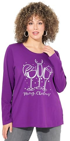 Ulla Popken Damen große Größen Übergrößen Plus Size Weihnachtsshirt, Classic, Rundhals, Langarm Dunkles violett 46+ 833701835-46+
