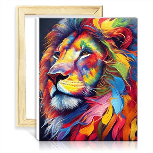 Pintura sobre lienzo, cara de león, animal, pintura por números, con pinceles y pigmento acrílico, para decoración del hogar, regalo con marco (40 x 50 cm)