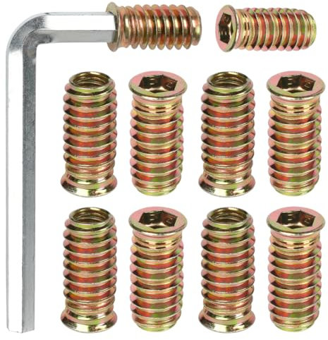 FOMGIIN Insert Fileté Bois M8 x 25mm, 10 Pièces Insert à Vis, Écrous à Visser, Inserts D'écrou Borgne Ecrou Hexagonal, Douille Filetée Visser Metal Zinc Intérieur Manchons, pour Meubles en Bois