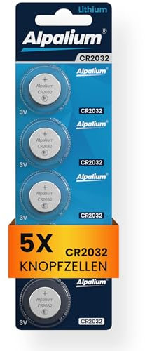 Alpalium CR2032 Knopfzellen Batterie, 5er Pack, 3V, Hohe Leistung für Fernbedienungen, Schlüsselanhänger, CPUs, tragbare und medizinische Geräte, CR 2032 Premium Qualität & Lange Lagerfähigkeit