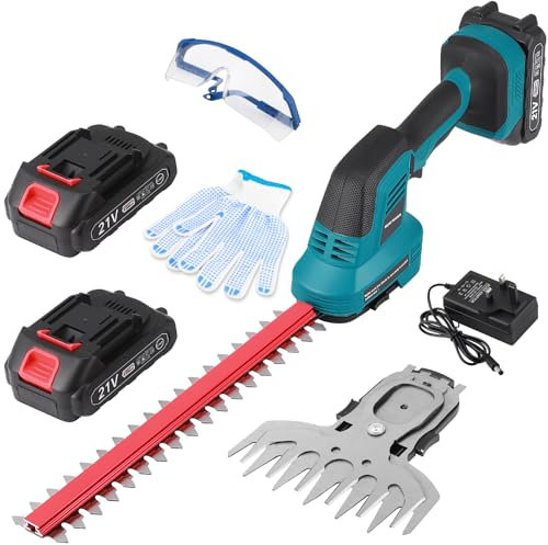 2 In 1 Cordless Hedge Trimmer & Grass Shear, 500W Rechargeable Garden Strimmer, Garden Tools Set with 2x Blades, 2x 21V 1500mAh Batteries and UK Charger for Hedges Branches Shrubs Lawn