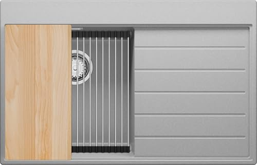 PRIMAGRAN Spülbecken ab 45er Unterschrank + Ablauf-Set, 78x50cm | Set: Ablauf-Set (Siphon, Ablaufgarnitur, Überlauf) + Granitspüle 1 Becken - Sydney Ergo, Grau