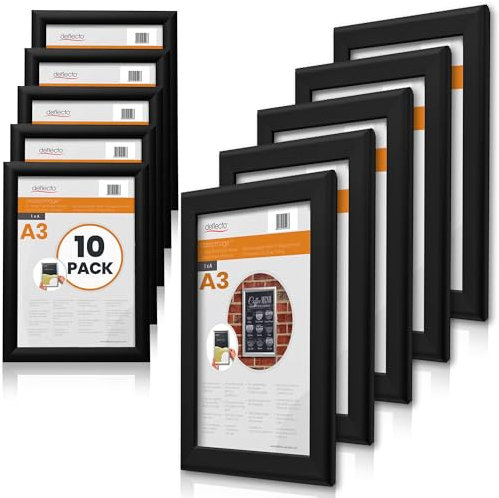 Deflecto Cadre Clip A3 - Élégant Cadre en Aluminium Noir pour Affichage Mural - Support pour Certificats et Affiches avec Clips d'Ouverture Facile à l'Avant - Paquet de 5