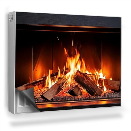 Cache Radiateur 80x60 cm Facile à Installer Protège et Décore Tapis Design pour Radiateurs Couverture Magnétique pour Salon et Cuisine - Cheminée brûlante avec du Bois