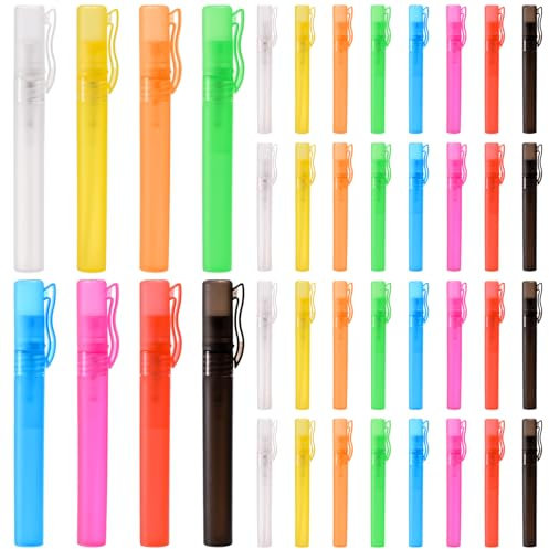Lawei 40 Pack Mini Portable Travel Spray Bottle, 10ml 1/3oz Pen Clip Fine Mist Perfume Atomizer, Small Empty Frosted Sample Tube, Refillable Plastic Hand Pump Spray Container for Makeup, 8 Colors