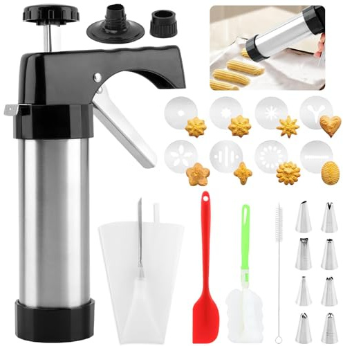 Churro Maker Machine, Stainless Steel Churros Gun Kit, Cookie Press Gun with Piping Bag, 8 Piping Nozzles, 8 Cookie Discs, 2 Brush and Cream Spatula