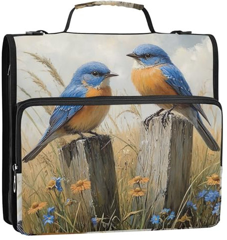 Bluebirds Ordner-Organizer mit Reißverschluss, Holz, Blumenmuster, 3,8 cm, 3 Ringbücher, robuste Tasche mit Gurt für Schule, mehrere Taschen, große Portfolio-Mappe