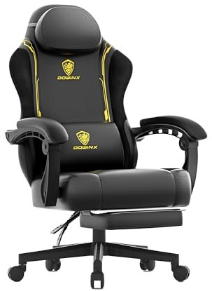 Dowinx Gaming Stuhl, Ergonomischer Gamer Sessel aus PU-Leder mit Lendenstütze, Massagefunktion und breiter Rückenlehne, Belastbar bis 150 kg, Gelb