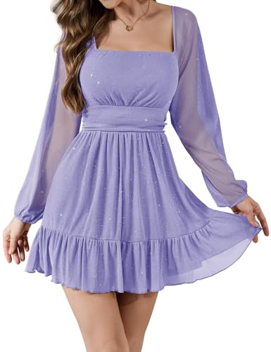 Bridesmay Sparkly Sequin Cocktail Dresses UK for Women Wedding Guest,Square Neck Mesh Long Sleeve Flowy Casual Party Mini Dress (Lavender,XXL)