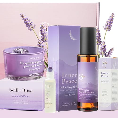 Scilla Rose Sleep Gift Set for Women – Inner Peace Pillow Spray, Lavender Crystal Candle & Amethyst Rollerball – Calming Bedtime Set for Relaxation & Better Sleep