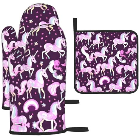 Ensemble de gants de cuisine et maniques imprimés licornes roses pour cuisine, barbecue et four