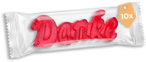 Fruchtgummi Danke 10er Pack Gastgeschenk - Süßes Dankeschön im Schriftzug | für Gäste, Hochzeit, Geburtstag, Firmen-Event & Feiern, Gummibärchen mit 10% Fruchtsaft, als Mitgebsel & Give-away