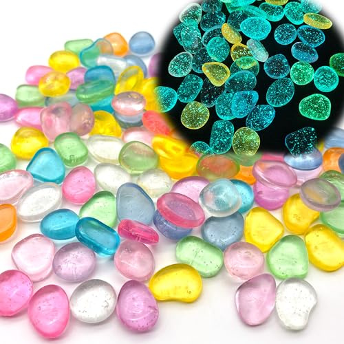 DHER 100 Stück Große Leuchtende Steine, Leuchtet im Dunkeln kieselsteine | Bunte Leuchtende Steine Bunte Garten Aquarium Leuchtende Kieselsteine, 2 CM Harz Leuchtende Steine (Sternenlicht)